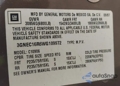 1998 Chevrolet Suburban 1500 из США, поврежденный, VIN 3GNEC16R6WG109972